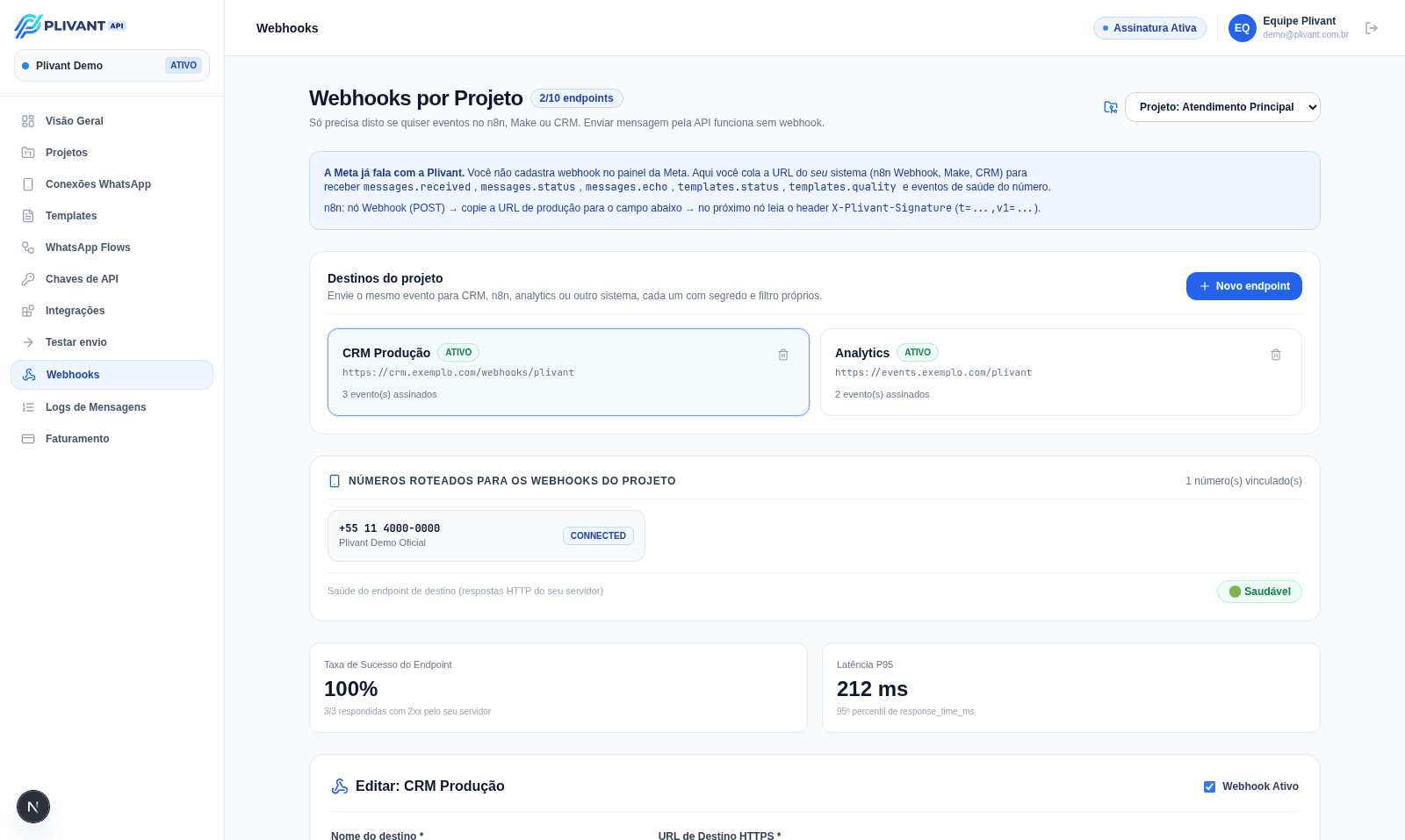 Tela real de Webhooks no Dashboard PliVant com endpoints, eventos e entregas